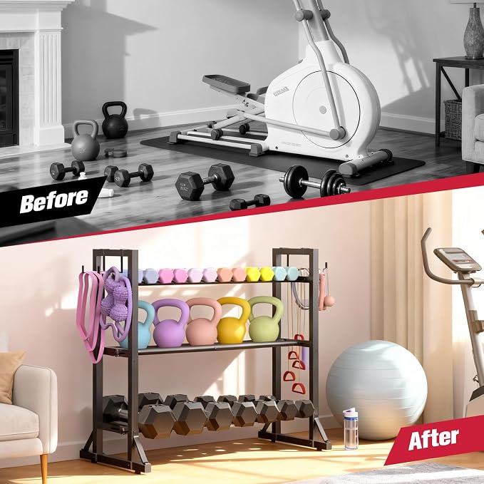 3 Tier Adjustable Dumbbell Rack Stand, Heavy Duty Carbon Steel Weight Storage Organizer for Home Gym, Easy Assembly, 450 lb Capacity for Dumbbells & Kettlebells (Dumbbell Rack Stand Only)