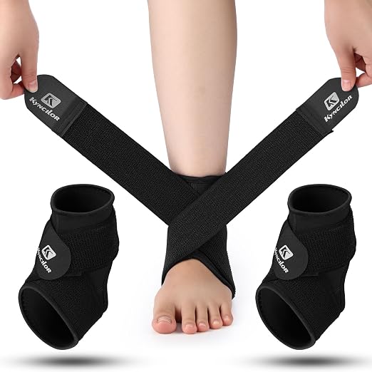 Honoson 2 Pcs Ankle Brace Kid Ankle Support Youth Neoprene Lace up Compression Sleeve Foot Brace Stabilizer with Adjustable Strap for Sport Sprained Plantar Fasciitis Achilles Tendonitis(Black,L)