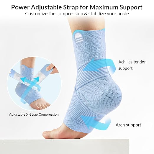 ZOELION Ankle Brace Compression Support with Removable Fishnet Strap, 3D Knit Plantar Fasciitis Relief Achilles Tendonitis Brace, Ankle Compression Sleeve for Pain Relief & Injury Healing, Blue/XXL