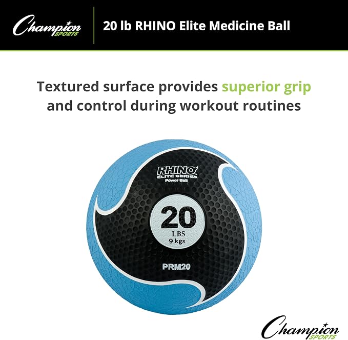 Champion Sports Rhino Elite Medicine Ball – Textured Surface, Superior Grip, Hollow Synthetic Rubber for Consistent Bounce & Durability, Multiple Weights & Colors - Optional Rebounder Sold Separately