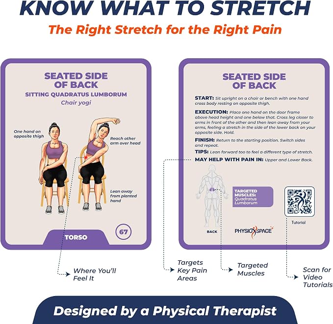 Stretching Exercise Cards – 100 Illustrated Flexibility and Mobility Flash Cards Designed by a Physical Therapist with Video Tutorials for Men and Women