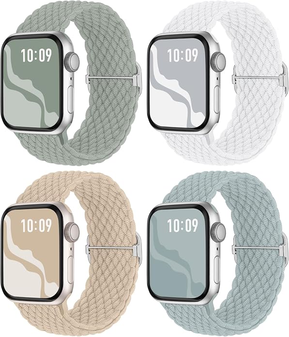 4 Pack Braided Stretchy Bands Compatible with Apple Watch 40mm 41mm 38mm 42mm 44mm 45mm 46mm 49mm Women Men, Breathable Nylon Elastic Daily Use Straps for iWatch Series 11/10 9 8 7 6 5 4 3 SE/Ultra 2