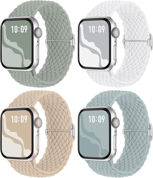 4 Pack Braided Stretchy Bands Compatible with Apple Watch 40mm 41mm 38mm 42mm 44mm 45mm 46mm 49mm Women Men, Breathable Nylon Elastic Daily Use Straps for iWatch Series 11/10 9 8 7 6 5 4 3 SE/Ultra 2