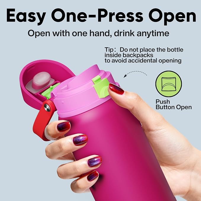 Insulated Water Bottle with Straw - Encool Stainless Steel Water Bottle with Push Button Lid, Leak-Proof & BPA-Free, Keeps Cold for 24 Hours for Sports, Travel, Gym (32 oz, Cerise Pink)