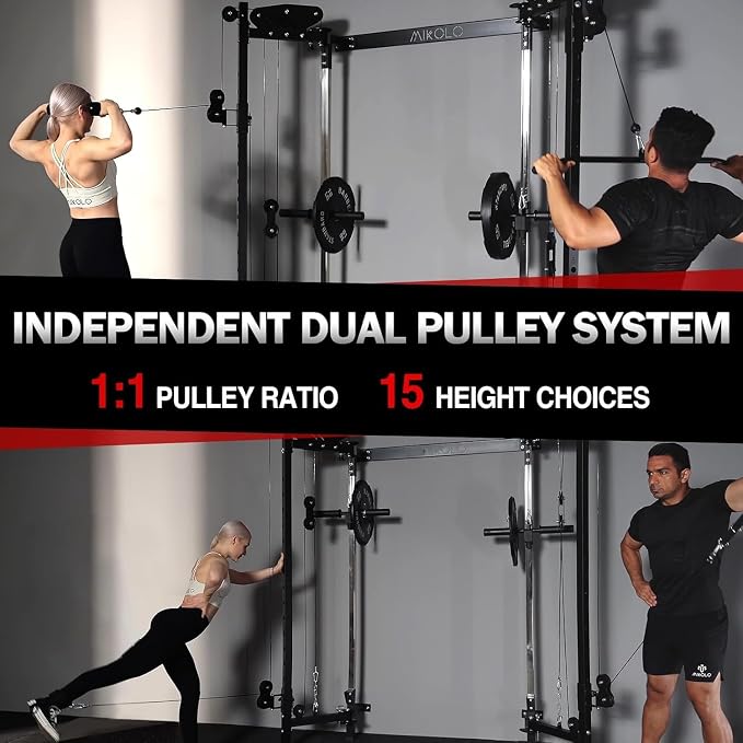 Mikolo Folding Squat Rack, Wall Mounted Power Rack with Cable Crossover Machine & LAT Pull Down, Functional Trainer with 5 Adjustable Function Modes, Home Gym Package