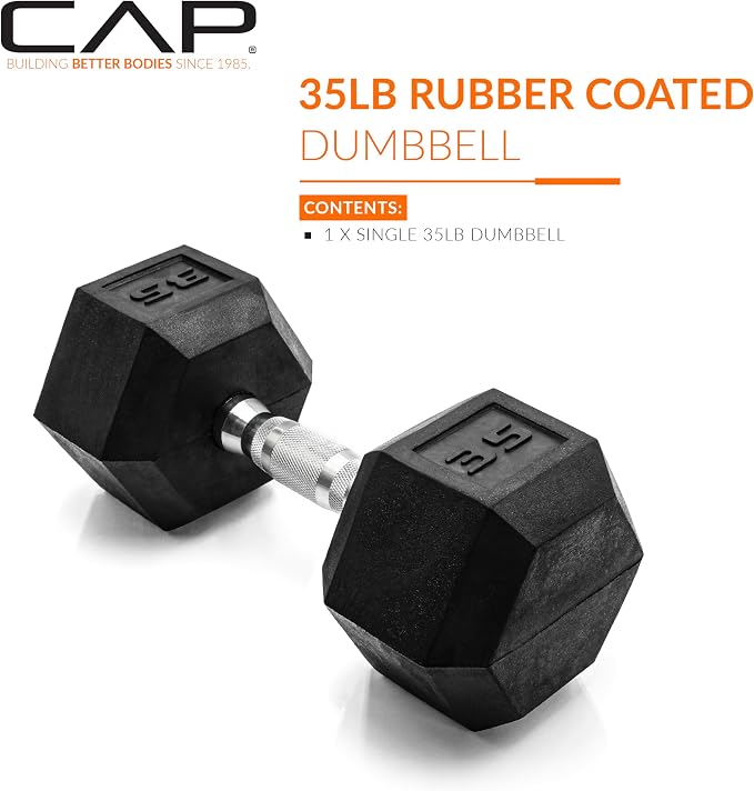 CAP Rubber Coated Dumbbell Weights, Free Weights for Home Gym Strength Training, Anti-Roll Hex Dumbbells with Black, Chrome & Comfort Grip Handles, Singles