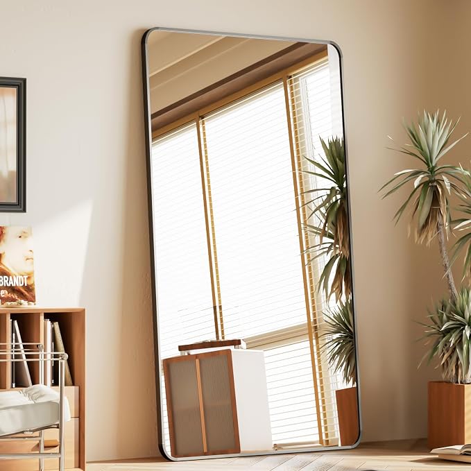 BEAUTYPEAK 71" x 32" Rounded Corner Full Length Mirror with Stand, Black | Aluminum Alloy Frame with Standing, Leaning, or Wall-Mounted, Ideal for Bedroom, Dressing Room, Entryway, and Living Room