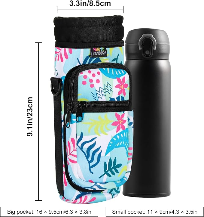 Nuovoware Water Bottle Carrier Bag, 25oz/32oz, Coloured Leaves | Adjustable Shoulder Hand Strap, 2 Pocket, Neoprene Sleeve, For Hiking Travelling