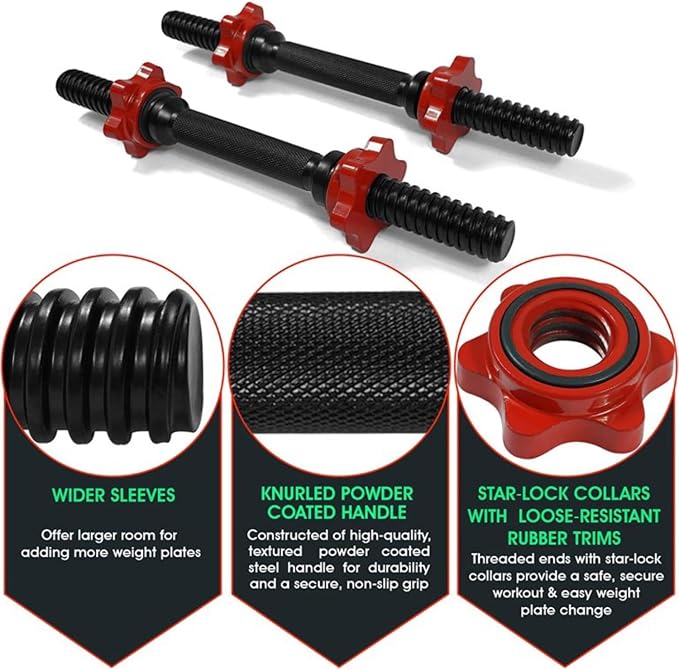 Yes4All Threaded Dumbbell Handles, Adjustable Dumbbell Bar Pair, 14/16/18/24-Inch Sizes, Fits 1" or 1.15" Plates, Non-Slip Grip, Secure Star-Lock Collars