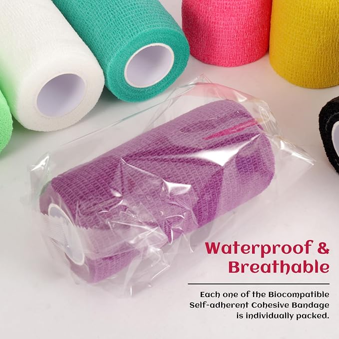 Elastic Self Adhesive Bandage Wrap 4 Inch, Breathable Non Woven Cohesive Bandage, Vet Wrap for Dogs, Ankle Sprains Swelling, Sports Athletic Tape (24 Count Color)