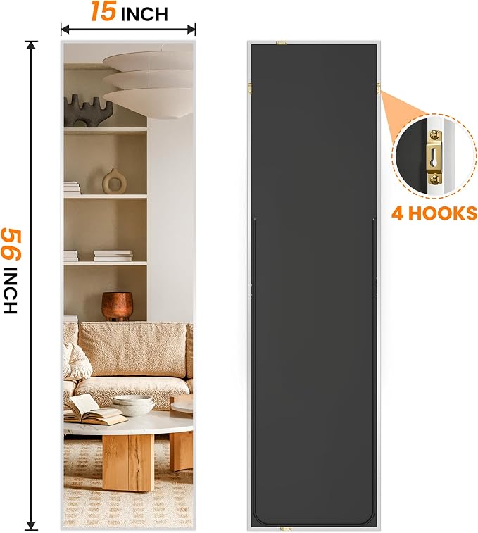 TRAHOME Full Length Floor Mirror 56"x15", Standing Mirror with Aluminum Frame, Large Body Mirror for Bedroom, Living Room and Bathroom, Silver