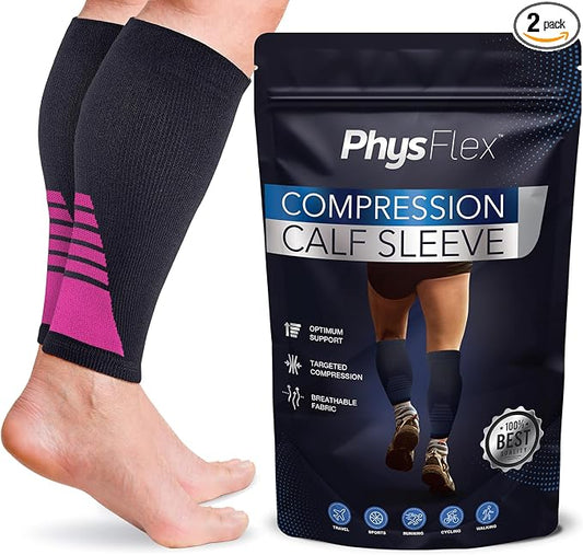 Calf Compression Sleeves for Men and Women - (1 Pair) Footless Compression Socks Support for Varicose Vein, Nursing, Pregnancy, Running - PhysFlex Leg Sleeve Brace for Shin Splints, Pain Relief and