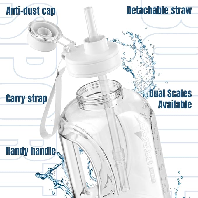 Doseno Gallon Water Bottle, 95 oz Sports Water Jug With Straw and Strap | White 2.8 L large water bottle has a measuring scale and portable handle for daily drinking, gym sessions and outdoor use.