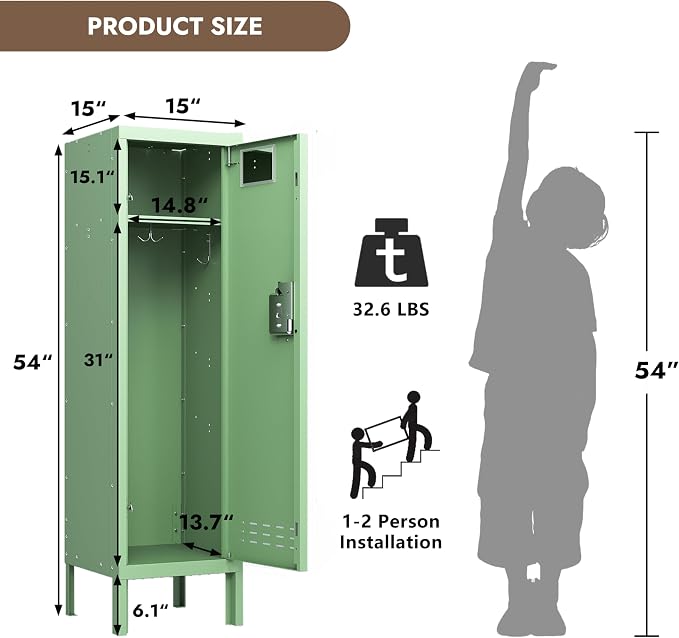 BUTISOW Metal Storage Locker with Lock & Card Slot Locker - Secure Lockable Door - Steel Locker for School, Office, Gym, Home - 54" H x 15" W x 15" D（1 Door, Mint）