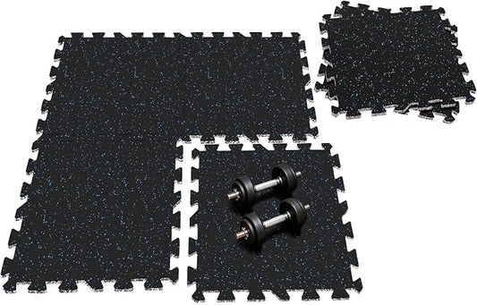 Interlocking Rubber Floor Tiles 15MM –Thicker Heavy Duty 100% Rubber Gym Flooring for Home Gym, Workout Room, Garage, Equipment Mats, Protective Workout Mat, Blue-Black 6-Pack