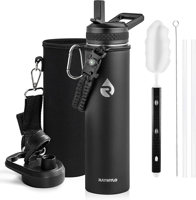 RAYMYLO Insulated Water Bottle 24 oz, Triple Wall Vacuum Stainless Steel | (Cold for 24Hrs, Hot for 12Hrs), Leak Proof & Non-BPA, Modern Water Flask Jug with Paracord Handle & Straw Spout Lids