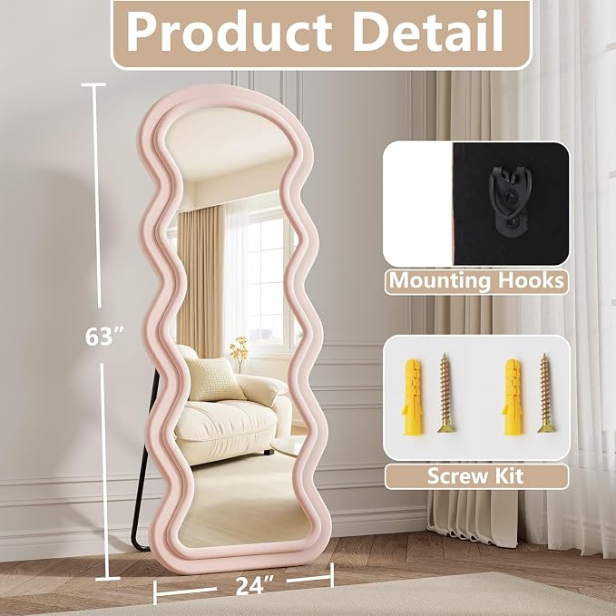 Full Length Mirror, 63"x24" Wavy Full Body Mirror Flannel | Full Body Mirror with Stand, Flannel Mirrror Bedroom and Living Room, Wall Mirror Hanging or Leaning, White