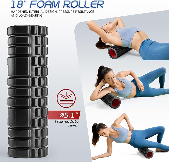 Krightlink 2-in-1 18" Foam Roller Set for Deep Muscle Massage | Foam Roller Trigger Point Release Back Roller for Fitness Relieves Muscle Pain Myofascial Pilates, Yoga (Black)
