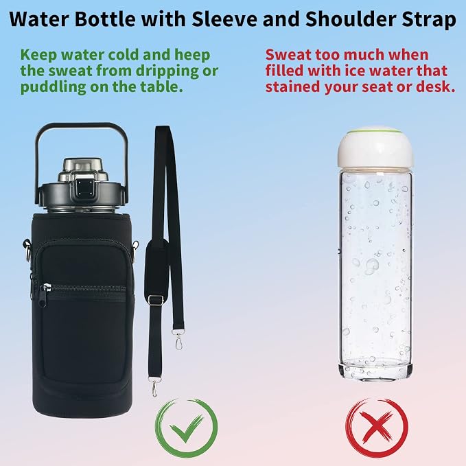 RYI Half Gallon Water Bottle with Sleeve & Strap 64 OZ Motivational Water Bottles with Straw Large Wide Mouth Water Jug with Time Marker for Fitness, Gym and Outdoor Sports, Leak-proof & BPA Free