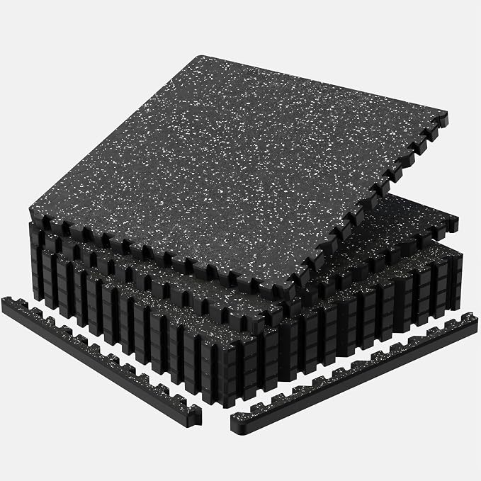 1'' Thick 24 Sq Ft Protective Gym Flooring for Home Gym, 6 Tiles Extra-Thick Rubber Top with High Density EVA Foam, Interlocking Exercise Equipment Mats, Heavy Weight Workout, Black & White