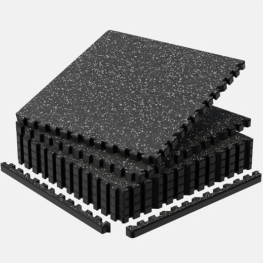 1'' Thick 24 Sq Ft Protective Gym Flooring for Home Gym, 6 Tiles Extra-Thick Rubber Top with High Density EVA Foam, Interlocking Exercise Equipment Mats, Heavy Weight Workout, Black & White