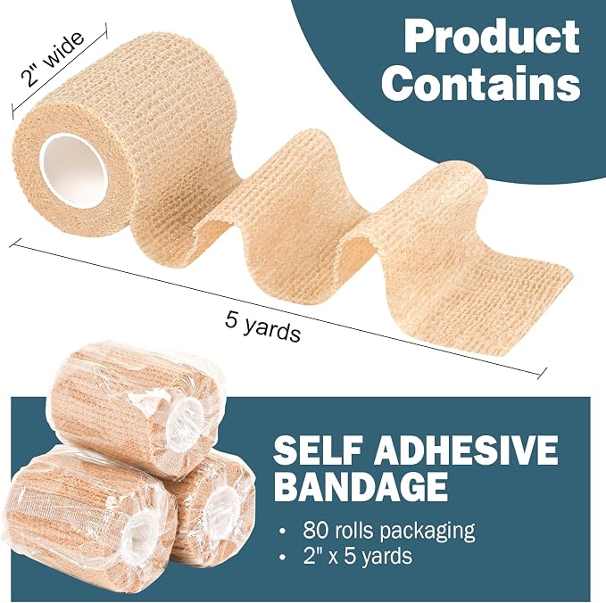 AZEN 80 Pack Self Adhesive Bandage Wrap, 2" X 5 Yards Elastic Cohesive Bandage Wrap, Skin Color Athletic Tape, Vet Wrap, Ankle Tape, Tattoo Grip Tape Wrap