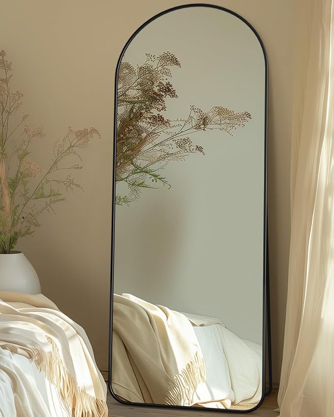 Antok Full Length Mirror, 56"x14" Floor Mirror with Stand, Hanging Mounted Mirrors for Bedroom, Living Room, Cloakroom, Dining Room, Black, Arch