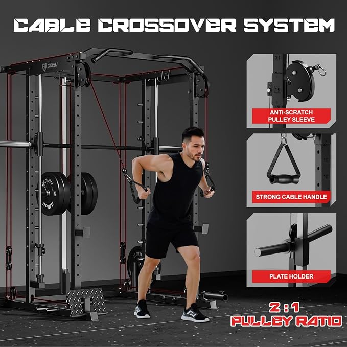 S1-V4 Smith Machine, 2000LBS Power Cage with Cable Crossover System, All-in-One Squat Rack with Smith Bar, Strength Training Equipment for Home Gym