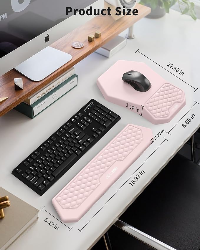 Ergonomic Mouse Pad Wrist Rest and Keyboard Wrist Rest Support Set | Massage Design Mousepad for Carpal Tunnel Pain Relief, Memory Foam, Non-Slip PU Base for Computer Desk, Pink