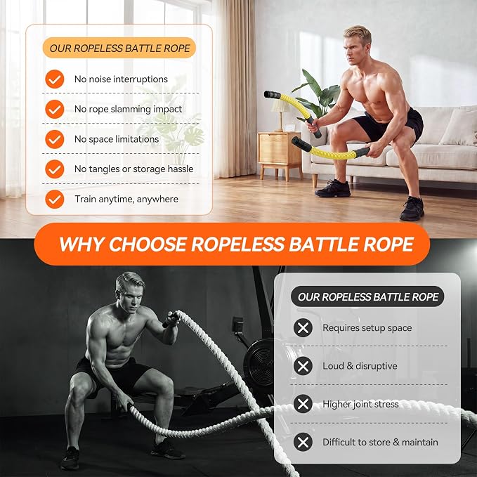Ropeless Battle Ropes for Home Gym, 3 Adjustable Resistance, Heavy Duty Cordless Battle Ropes for HIIT, Full Body Workout, Men & Women, Yellow
