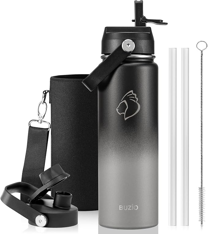 BUZIO 24 oz Insulated Stainless Steel Water Bottle with Straw & Spout Lids | Triple Wall Insulated Tumbler (Dishwasher Safe) ,Cold for 48 Hrs, Wide Mouth, Leakproof, BPA-free, for Sports, Gym, School