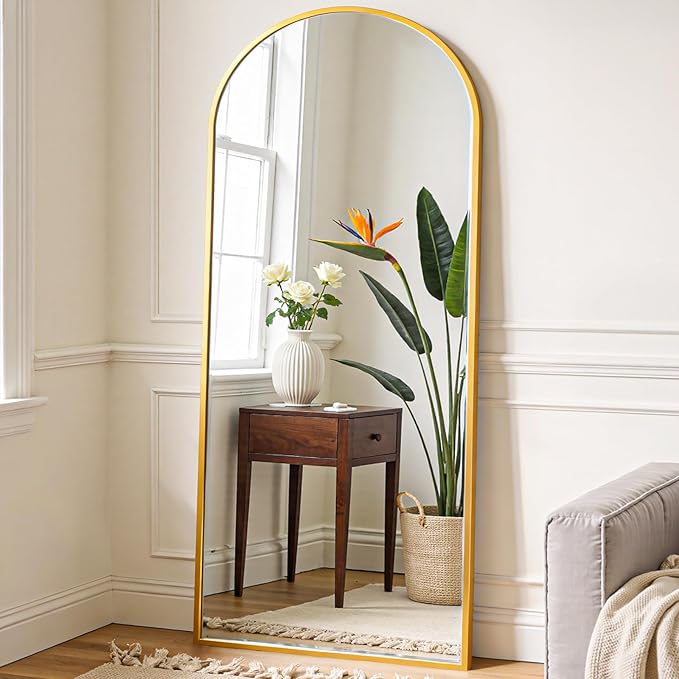 OLIXIS 64"x21.5" Arched Full Length Mirror with Stand, Body Mirror | Shatter-Proof Glass, Hanging or Leaning for Wall, Floor Standing, Bedroom Living Room, Long, Gold