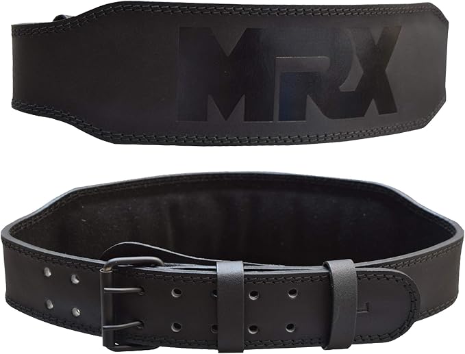 MRX Weight Lifting Belt Genuine Leather - 4 Inches Wide 8mm Thick Padded Lumbar Back Support Double Prong Powerlifting Belts Heavy Duty Deadlifts Workout Squats & Exercise Belt for Men & Women