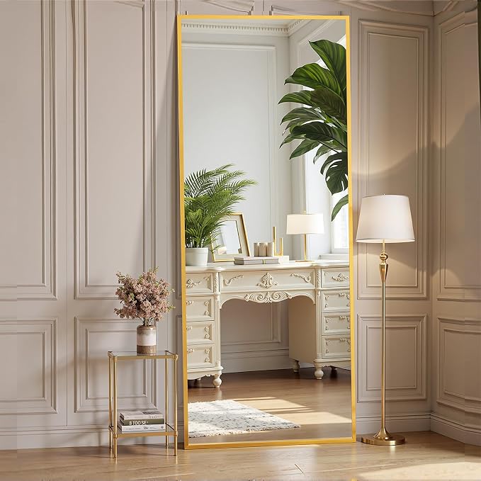 OLIXIS Full Length Mirror, 56"x21" Full Body Mirror | Aluminum Alloy Thin Frame, Stand, Floor Standing, Hanging or Leaning, Living Room, Bedroom, Gold