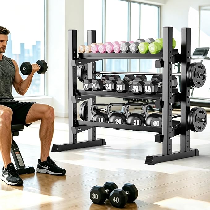 3-Tier Adjustable Dumbbell Rack, Heavy-Duty Weight Rack for Home Gym, Space-Saving Weight Storage Rack for Dumbbells, Kettlebells, Barbells & Plates (Rack Only)