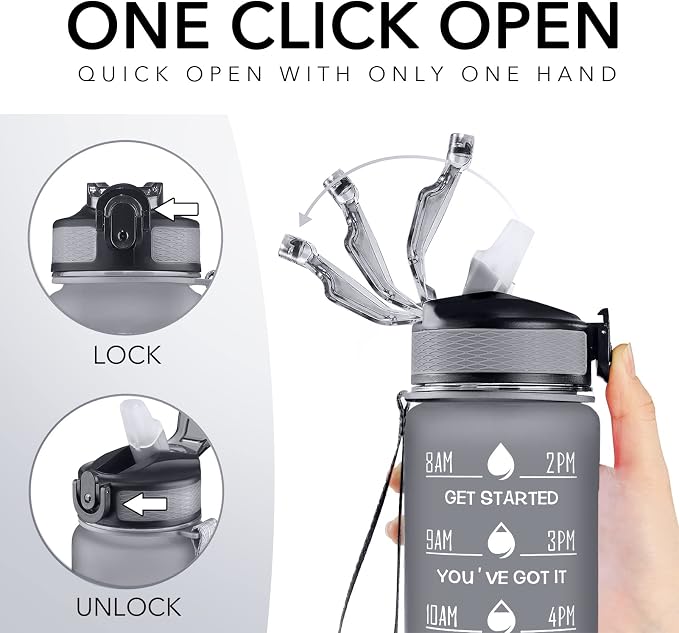 Hyeta Water Bottle with Straw & Time Marker, Plastic 32oz Leakproof | Motivational Tritan BPA Free Gym Office Outdoor Intake Tracker Hourly Reminder Straw Lid Carry Strap