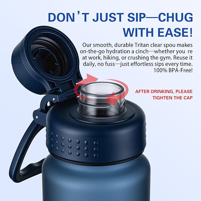 OLDLEY 32oz Water Bottle with Handle, BPA-Free Tritan Reusable Sports Water Bottle with Leak-Proof Dust Lid, Wide Mouth, Cup Holder Friendly, Half Frosted Clear Bottle for Gym, Travel, Work,Navy Blue