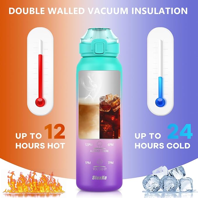 SLUXKE 24oz Insulated Water Bottle with Straw and Spout Lids, 700ml 18/10 Stainless Steel Double Wall Vacuum Sports Water Jug, Leakproof Hydro Cup Flask for Men, Women & Kids GREEN PINK PURPLE