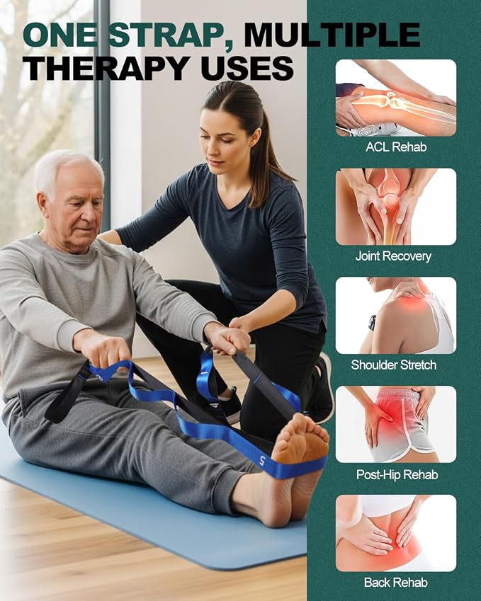 Trideer Non-Elastic Stretching Strap with Loops for Physical Therapy & Rehab, Knee Hip Leg ROM Post-Surgery, Yoga Strap for Stretching, Leg Lifter Strap Mobility Aid, Hamstring Calf Back
