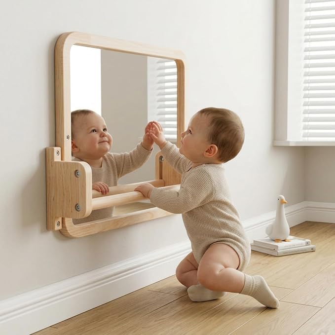 Woodtoe Montessori Mirror with Bar, Adjustable Baby Pull to Stand Toys 6M+ | Natural Solid Wood Frame & Baby Pull Up Bar, Infant Coordination Toddler Mirror, Developmental Toys for Baby 6-18 Months