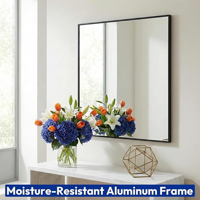 30" x 30" Square Matte Black Wall Mirror, Modern Geometric Metal Framed Decor, Bathroom Vanity & Entryway Accent Mirror, Flush Mount