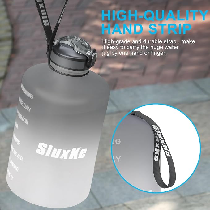 SLUXKE 1 Gallon Motivational Sports Water Bottle with Time Marker, BPA Free 128oz Leak Proof Jug, Black, Plastic, 128 ounces, Fitness, Sports, Outdoor Activities