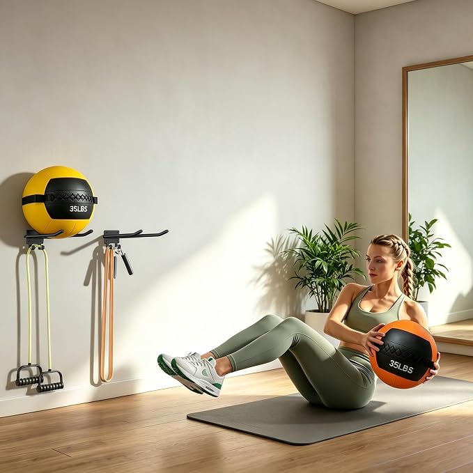 2 Packs Medicine Ball Rack Wall Mount Exercise Ball Holder with Hook | Med Ball Holder, Heavy Duty, Holds Up to 44 lbs, Fits Balls 7.5" + Diameter, Space Saving, Home Gym/Garage Gym Organizer