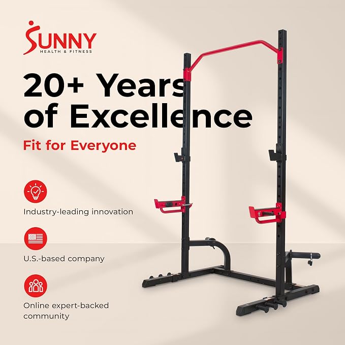 Sunny Health & Fitness Multifunctional Strength Training Home Gym – Complete Workout Equipment with Training Attachments, Optional Squat Stand, Power Rack Cage, Adjustable Incline Bench