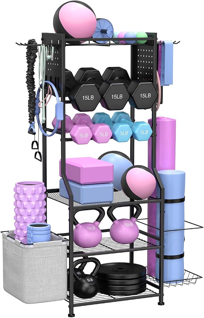 Dumbbell Rack, Home Gym Storage for Kettlebells, Yoga Mat & Strength Training Equipment, Weight Rack With Peg Board Organizer, Workout Gym Equipment Storage