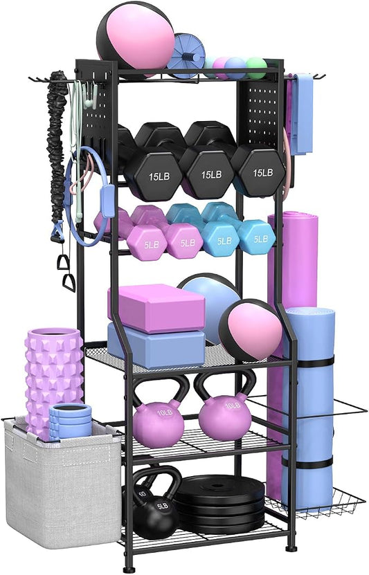 Dumbbell Rack, Home Gym Storage for Kettlebells, Yoga Mat & Strength Training Equipment, Weight Rack With Peg Board Organizer, Workout Gym Equipment Storage