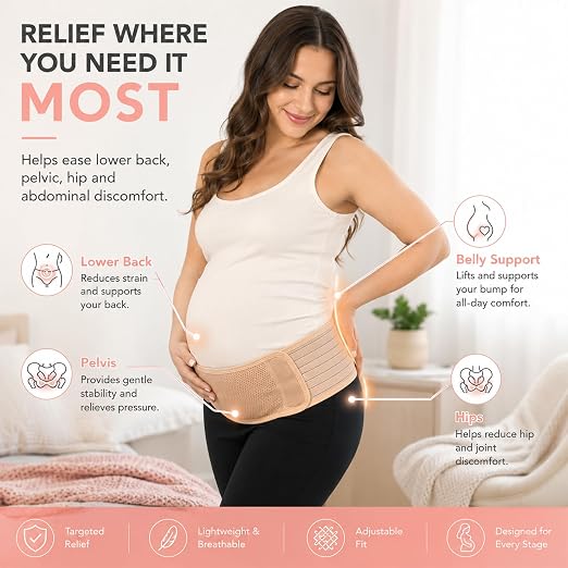 AZMED Maternity Belt Back Support - Adjustable Abdominal Binder for Pregnancy - Belly Band for Pelvic, Waist & Lower Back Comfort - Fits Up to 46 Inches - Beige