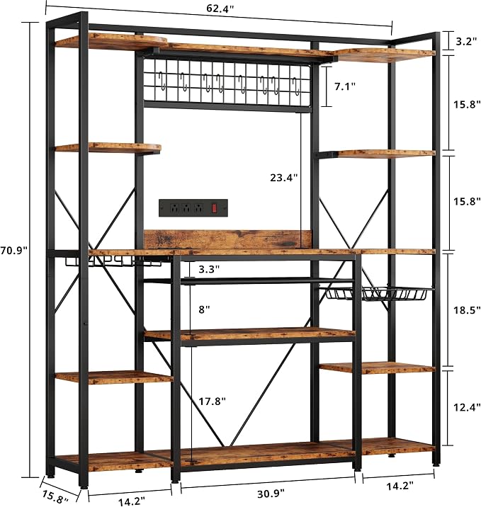 IRONCK 62.4-Inch Bakers Rack with Power Outlets and Wine Storage | 62.4-inch wide bakers rack combines 5 shelves, 3 AC outlets, a wine rack, basket, and S-hooks.