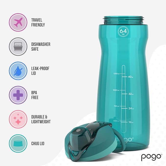 Pogo 64oz Plastic Water Bottle with Chug Lid and Carry Loop, Teal | Leakproof water bottle with chug lid and capacity markings. BPA-free, great for travel, school, outdoors, and gym.