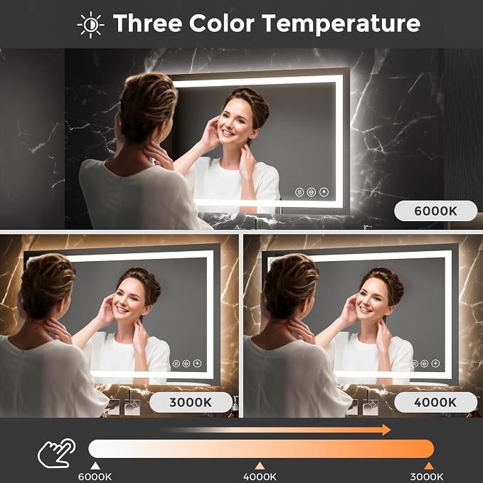 Koonmi 36x28 LED Bathroom Mirror with Light, Anti-Fog, 3 Colors | Backlit + Front Lit, Dimmable Brightness, Shatterproof HD Distortion-Free Tempered Glass, Hardware Included